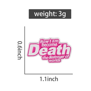 Pink enamel quote pin badge detailed dimensions showing 1.1x0.6 inches size and 3g weight