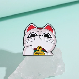 Cute white cartoon lucky cat enamel pin with bell and coin for clothing and backpack decoration