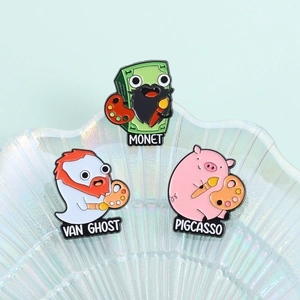Artistic enamel pins set featuring Monet Money, Van Ghost, and Pigcasso on a shell tray