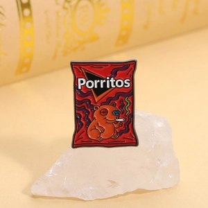 Detailed view of a funny red Porritos enamel pin featuring a smoking capybara mascot