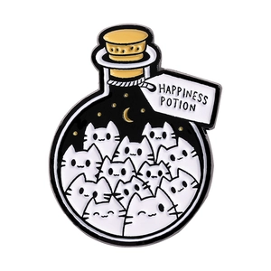 Happiness Potion enamel pin featuring white cartoon cats and golden moon stars decor