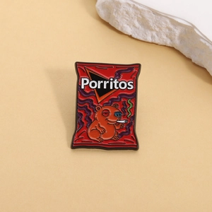 Funny Capybara enamel pin mimicking a snack package design on a light background