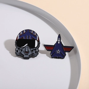 Cartoon pilot helmet and fighter jet enamel brooch pins set in minimalist tray