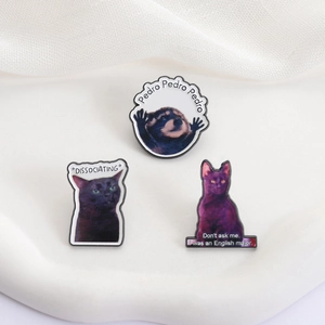 Funny animal enamel pin set featuring dancing raccoon and dissociating black cat memes