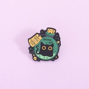 Creative black cat in green magic poison bottle enamel pin with drink me warning label