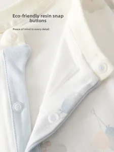 Detail of eco-friendly resin snaps and soft balloon print on cotton baby jumpsuit