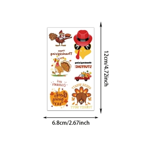 Detailed size chart for Thanksgiving tattoo stickers featuring turkeys and pumpkins
