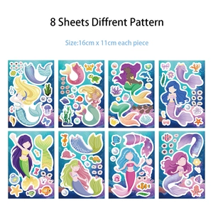 Set of 8 sheets cartoon mermaid make-a-face stickers for kids creative puzzle play