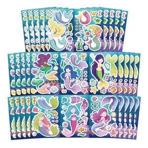 Close-up of 30-piece mermaid stickers set with various colorful ocean accessories