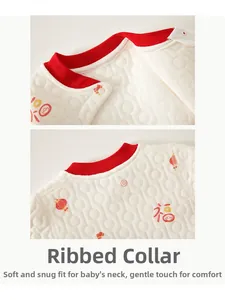 Detail of red ribbed neckline and snap buttons on quilted infant festive thermal clothing