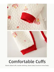 Detail of baby quilted inner wear with red Fu character and Chinese festive cloud patterns