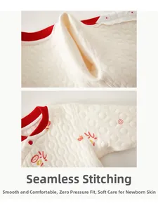 Close-up of boneless stitching on quilted baby suit with red piping and snap buttons
