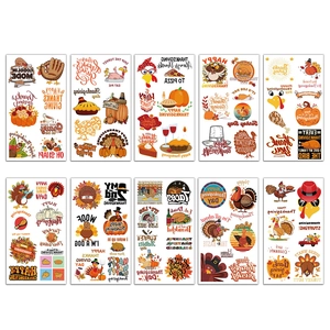 Set of 10 temporary Thanksgiving tattoos featuring cartoon turkeys, pumpkins, and leaves