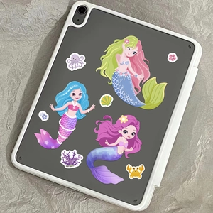 Cartoon mermaid princess stickers for kids on grey tablet, creative make-a-face ocean toy