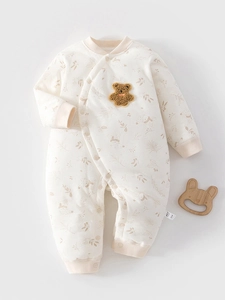 Combinaison Rembourrée en Coton Bébé Imprimé Ours de Noël et Fleurs Manches Longues Barboteuse Chaude pour Nouveau-né Automne Hiver