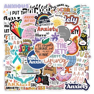 Set of 50 mental health stickers for laptop and phone featuring colorful anxiety awareness art