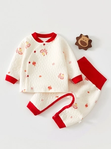 Newborn Baby Quilted Thermal Underwear Set Cotton Long Sleeve Top And Pants Chinese Style Red Blessing Print Infant Clothes