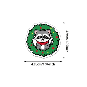 Waterproof raccoon Christmas wreath sticker showing detailed dimensions of 4.9cm by 4.98cm