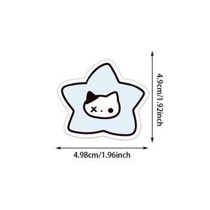 Dettaglio di un adesivo gatto a forma di stella blu con dimensioni di 4,9 cm x 4,98 cm