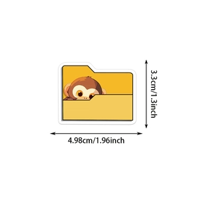 Detail view of a yellow cartoon monkey folder sticker showing dimensions 4.98cm x 3.3cm