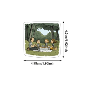 Detailed view of fantasy cartoon family picnic sticker with exact size measurements