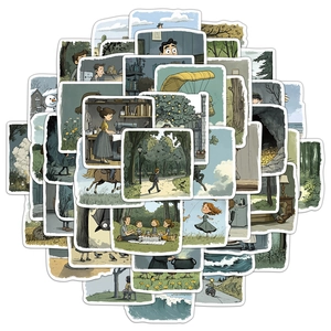 Detailed macro view of assorted hand-drawn fantasy illustration stickers for DIY decoration