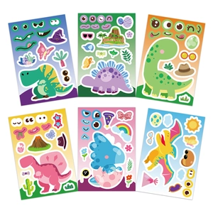 Set of 6 DIY cartoon dinosaur stickers with mix-and-match facial features for kids