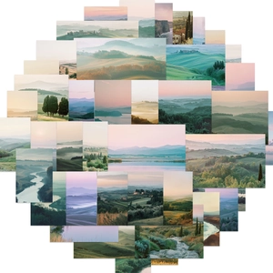 Romantic countryside landscape stickers featuring hills, rivers, and Italian villas for DIY