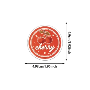 Detail showing cartoon cherry sticker measurements with a diameter of about 4.9cm