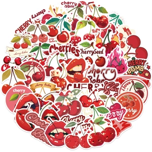 Pack of 50 cherry themed PVC stickers with retro cartoon and pop art fruit designs