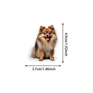 Détail de l'autocollant Loulou de Poméranie montrant les dimensions 4,9cm x 3,7cm sur blanc
