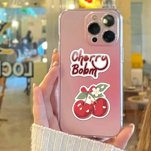 Pink gradient iPhone case featuring sweet cherry stickers and Cherry Bomb text design