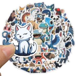 Close-up of waterproof cartoon animal stickers featuring fox and dinosaur for laptops