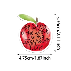 Detail showing dimension of a red apple sticker with Special Education quote for teachers