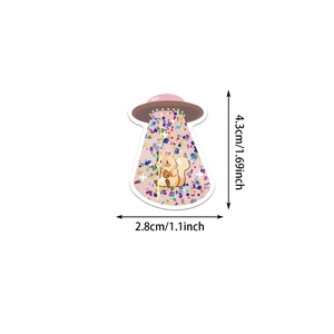 Detailed view of UFO kidnapping squirrel cartoon sticker with precise dimensions 4.3x2.8cm