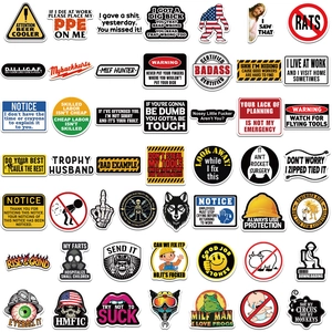 Pack of 50 waterproof vinyl stickers with funny warning signs for helmets and toolboxes