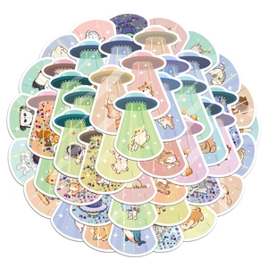 Close-up of colorful UFO and pet stickers with cute cats and dogs in soft macaron tones