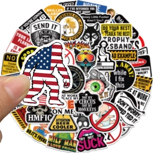 Close-up of waterproof sticker showing a patriotic Bigfoot design and vibrant English slogans