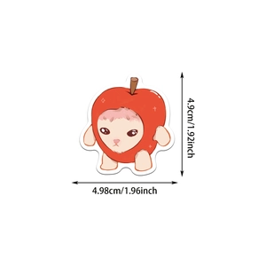 Detail showing the exact dimensions of a cute apple-themed cartoon cat sticker