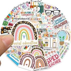 Detailed view of hand-held Special Education stickers with creative rainbow and quote motifs