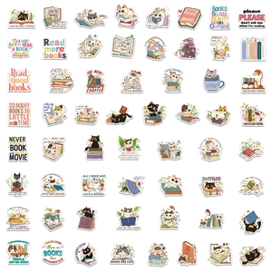 Set di 64 adesivi carini con gatti e libri per laptop e decorazione di agende