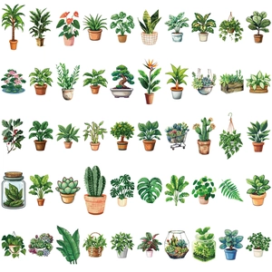 50 pieces of waterproof green plant stickers featuring various indoor potted houseplants