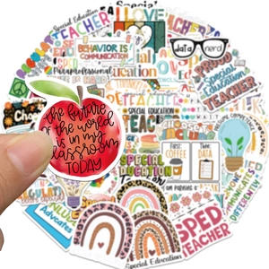 Hand holding vibrant special education stickers featuring rainbows and apples for DIY decor