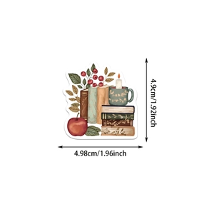 Detalle de pegatinas de otoño con libros y velas incluyendo dimensiones del producto