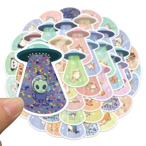 50 Pcs UFO abduction cartoon stickers for luggage featuring cute animals and glitter finish