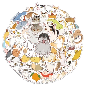 Detailed view of 50 unique waterproof cartoon cat stickers for DIY laptop and luggage decor