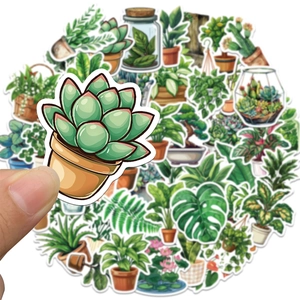 50-piece set of waterproof green plant stickers featuring succulents and tropical monstera