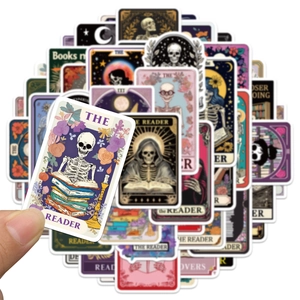 Macro shot of gothic tarot skeleton reading stickers with waterproof PVC finish