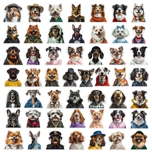 Lot de 50 autocollants de chiens drôles imperméables avec tenues humaines et accessoires