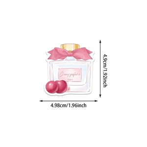 Detailed dimensions of pink cherry perfume bottle sticker, 4.98cm wide by 4.9cm high